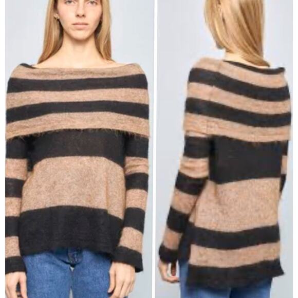 Free People Lulu Rugby Stripe Sweater XS Alpaca Cowl Neck Off Shoulder Casual - Picture 4 of 10